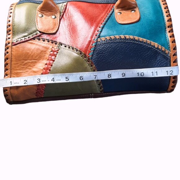 VTG Leather Multicolored Patchwork Barrel Bag Satchel Made In Mexico Purse Bag - Picture 10 of 13